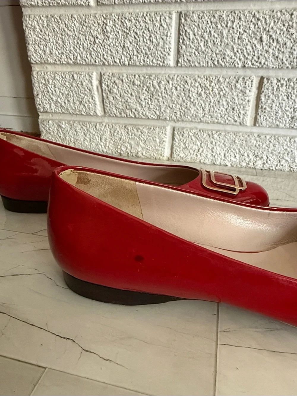 Salvatore Ferragamo Red Patent Leather Buckle Flats with Gold Hardware